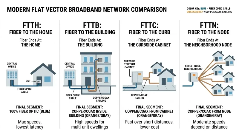 Comparison of FTTH, FTTB, FTTC, and FTTN showing where fiber terminates and what medium completes the last segment Comparison of FTTH, FTTB, FTTC, and FTTN showing where fiber terminates and what medium completes the last segment