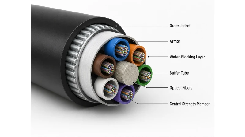 Cross section of loose tube fiber optic cable showing buffer tubes, optical fibers, water-blocking layer, armor, jacket, and strength member Cross section of loose tube fiber optic cable showing buffer tubes, optical fibers, water-blocking layer, armor, jacket, and strength member