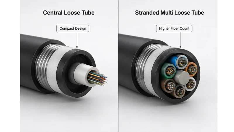 Comparison of central loose tube cable and stranded multi loose tube cable cross sections Comparison of central loose tube cable and stranded multi loose tube cable cross sections