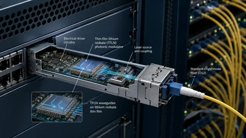 TFLN modulator inside a 3.2T optical transceiver connected to single-mode fiber TFLN modulator inside a 3.2T optical transceiver connected to single-mode fiber