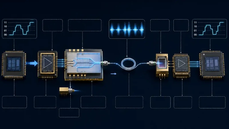 400G PAM4 lane signal path through a TFLN optical transmitter and receiver 400G PAM4 lane signal path through a TFLN optical transmitter and receiver